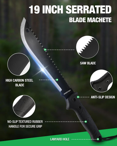 Mossy Oak machete blade close-up highlights a sharp edge for precise cuts.