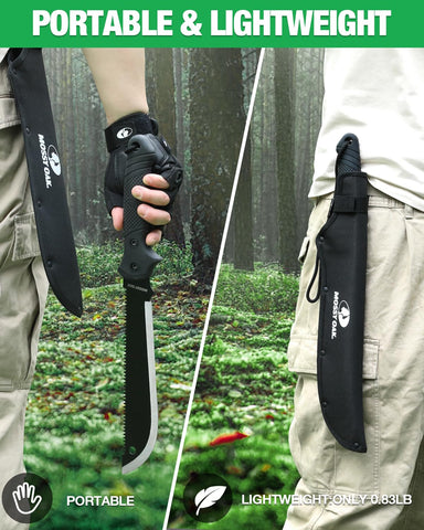 Mossy Oak machete brush-clearing in action for trail maintenance.