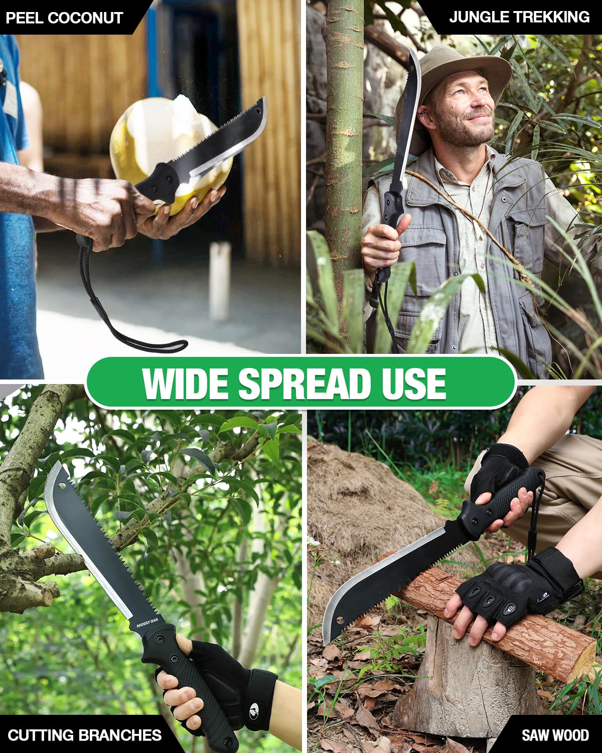 Mossy Oak machete packaging includes sheath for immediate yard work.