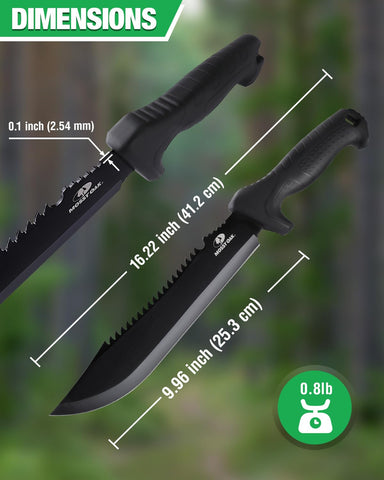 Mossy Oak machete with sawback teeth for cutting hardwood efficiently.