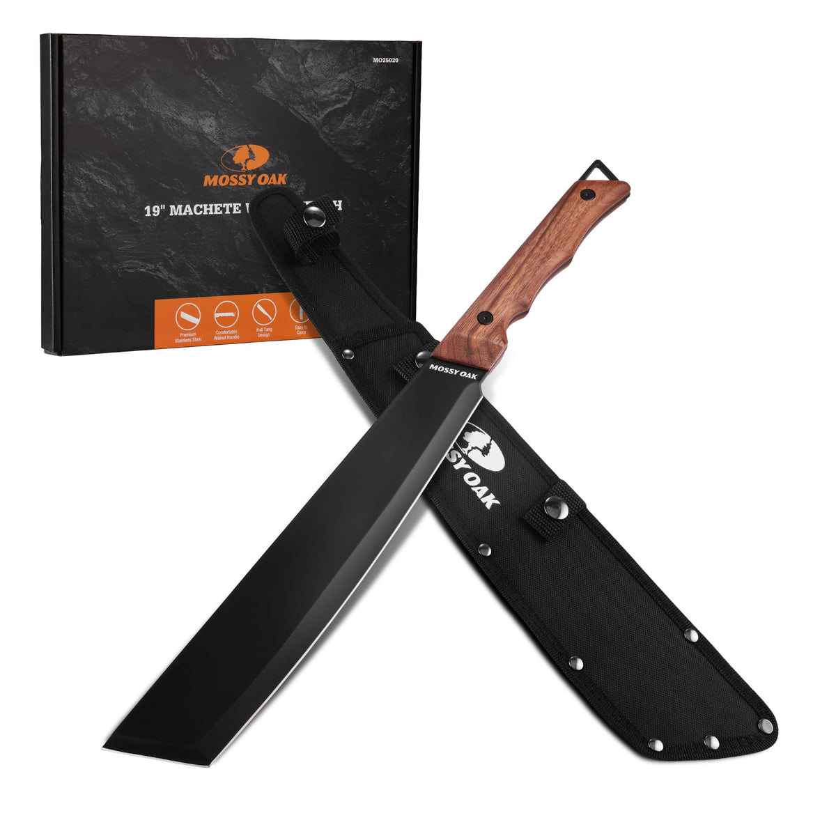 Mossy Oak nineteen-inch machete blade edge for rugged outdoor cutting tasks