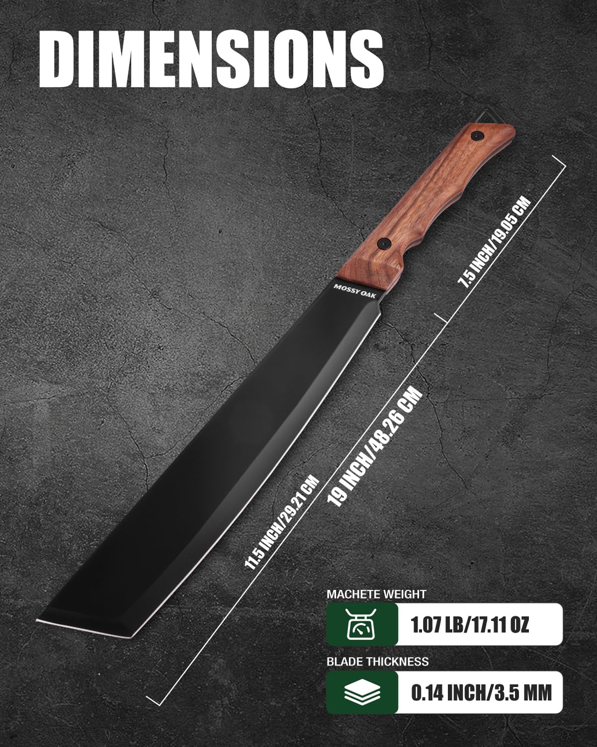 Mossy Oak nineteen-inch machete wooden handle provides a secure, comfortable grip