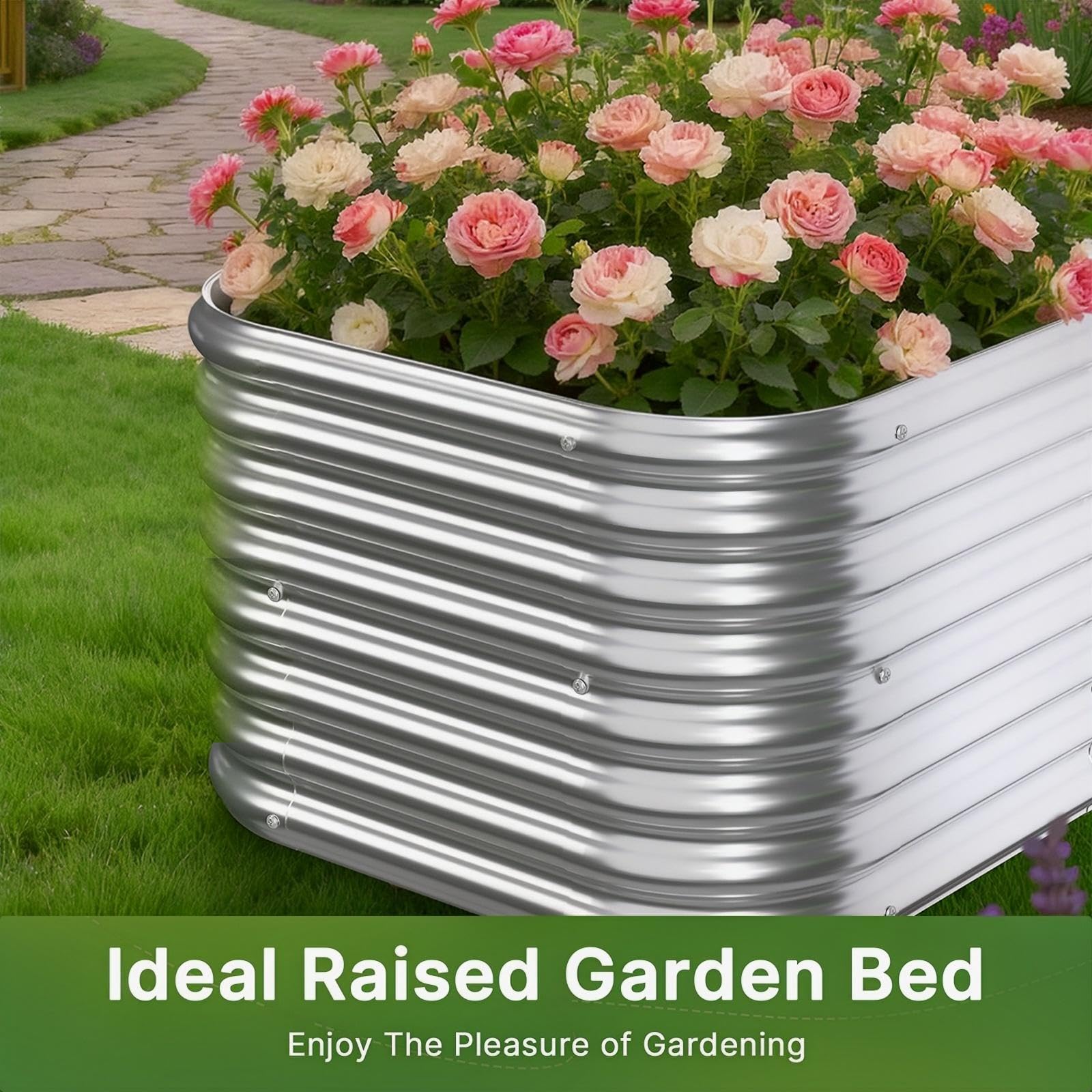 Mostmahes galvanized steel bed in a garden setting.