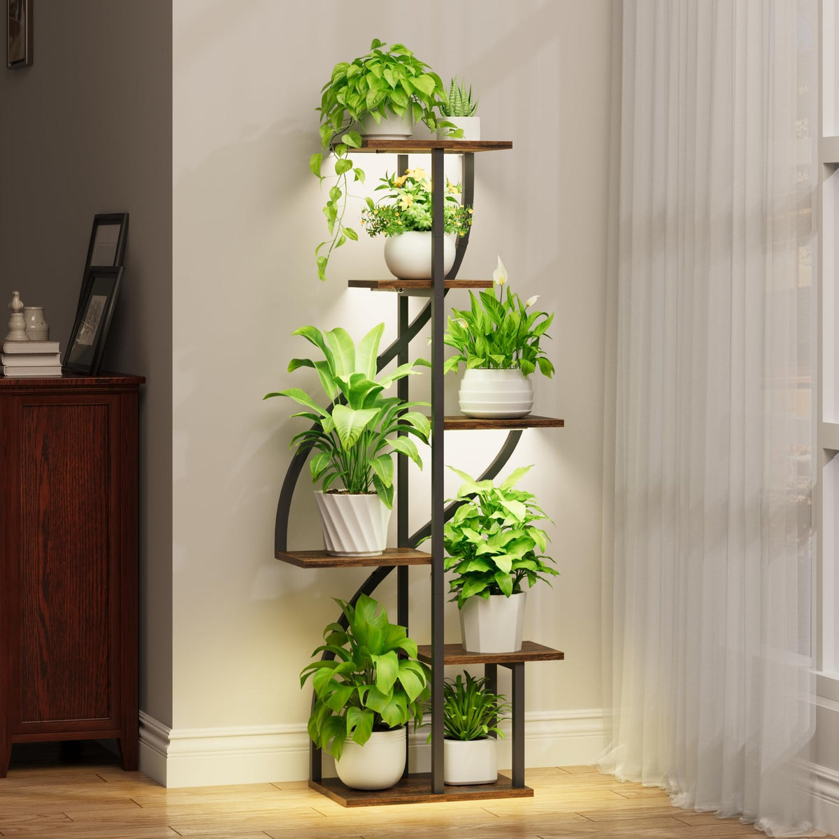 MOSTWOGO plant stand with 6-tier design showcases an organized indoor garden.