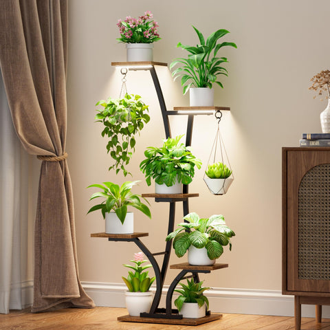 MOSTWOGO plant stand with dual-head grow light highlighting indoor greens
