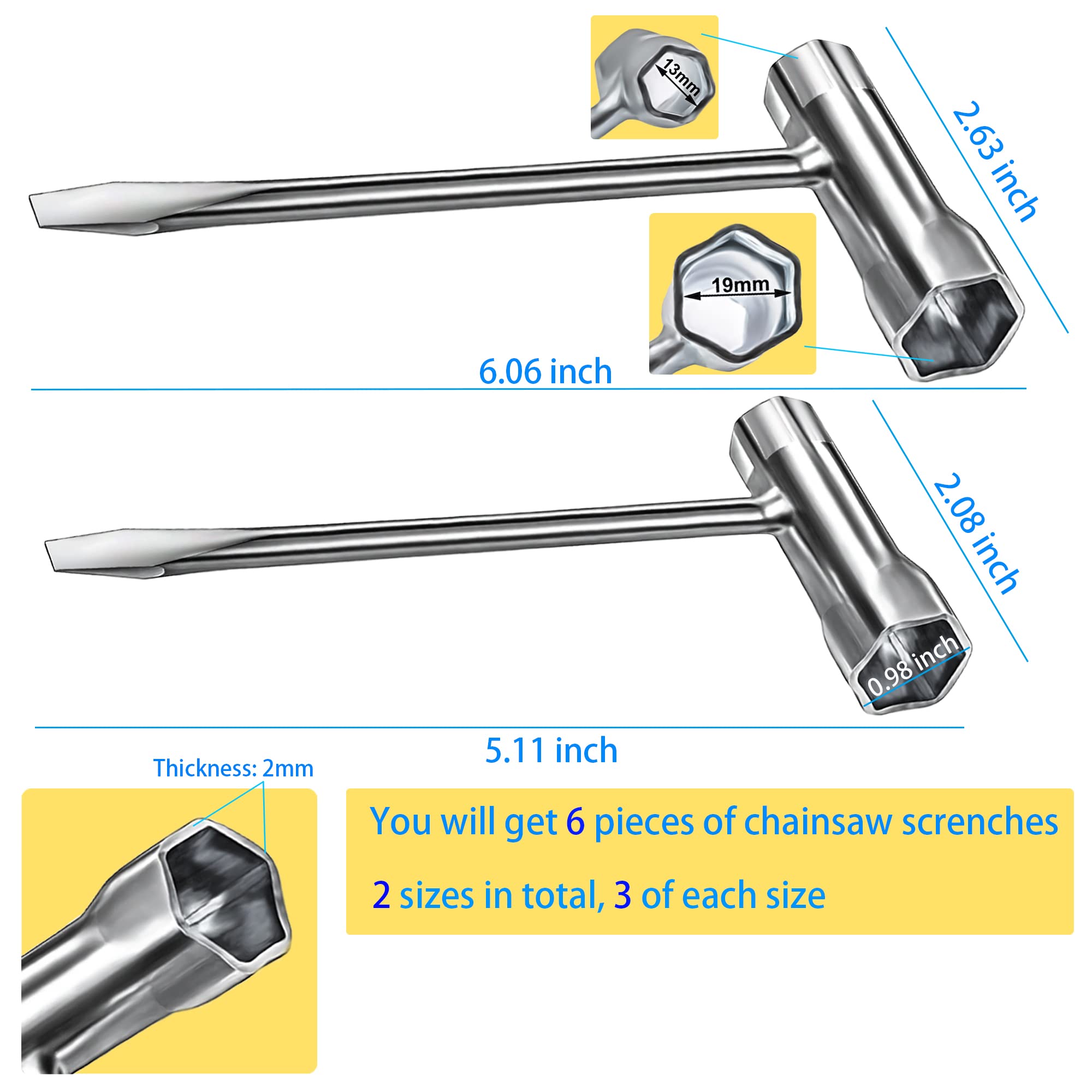 MotBach long-end wrench (6.06 in) provides leverage in tight spaces.