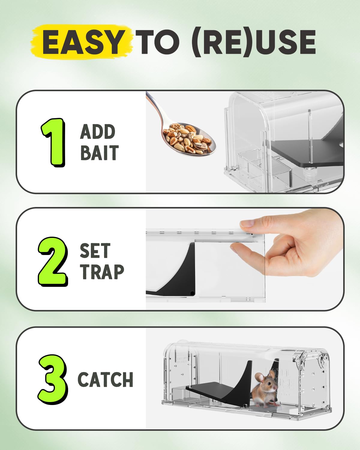 Motel Mouse cleaning brush included for quick trap maintenance.