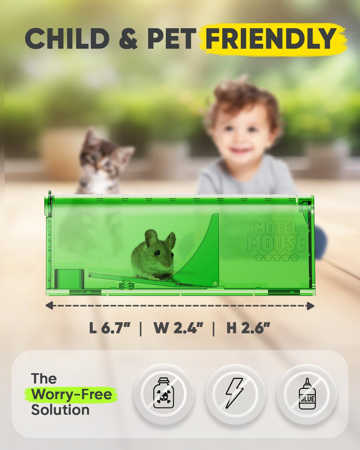 Motel Mouse traps placed on kitchen counter for safe indoor use