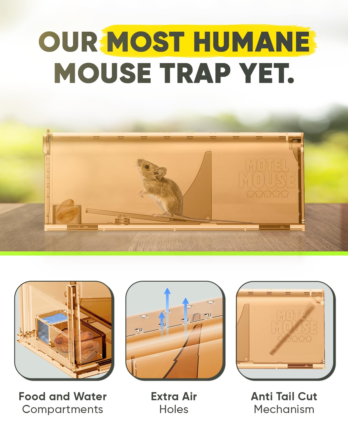 Motel Mouse trap close-up release mechanism demonstrating no-touch release feature.