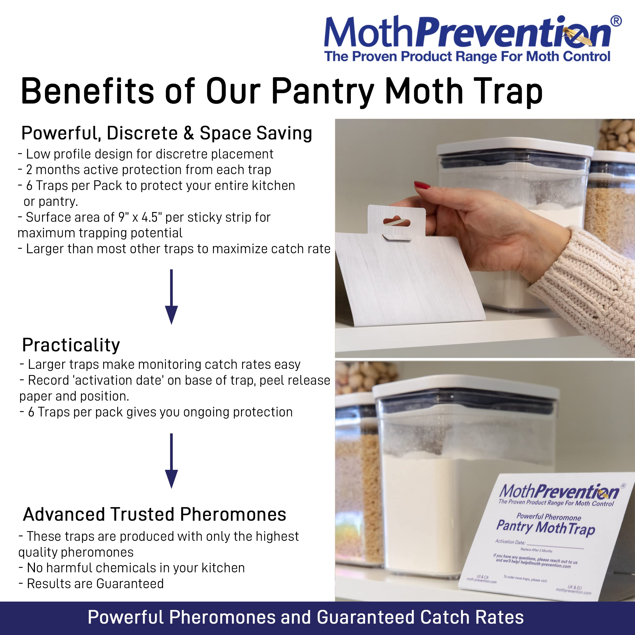 MothPrevention maximum-pheromone-dispersal traps are designed for targeted pantry pest control.