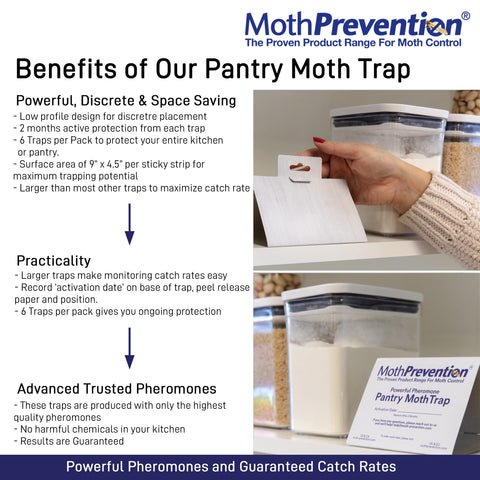 MothPrevention maximum-pheromone-dispersal traps are designed for targeted pantry pest control.