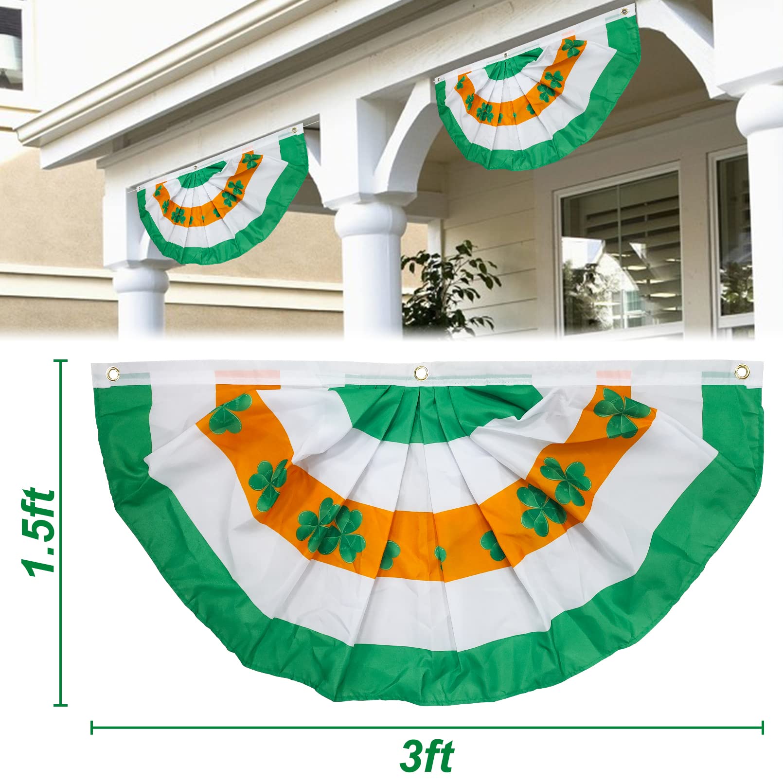 Motiloo foldable flag on railing for quick St. Patrick's Day display.