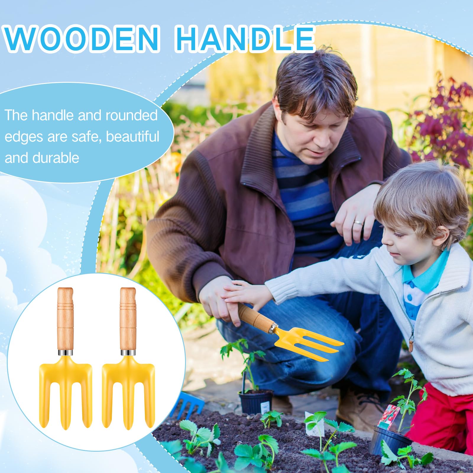 Motionchic kids sand rake showing sturdy metal tines for beach fun and gardening.