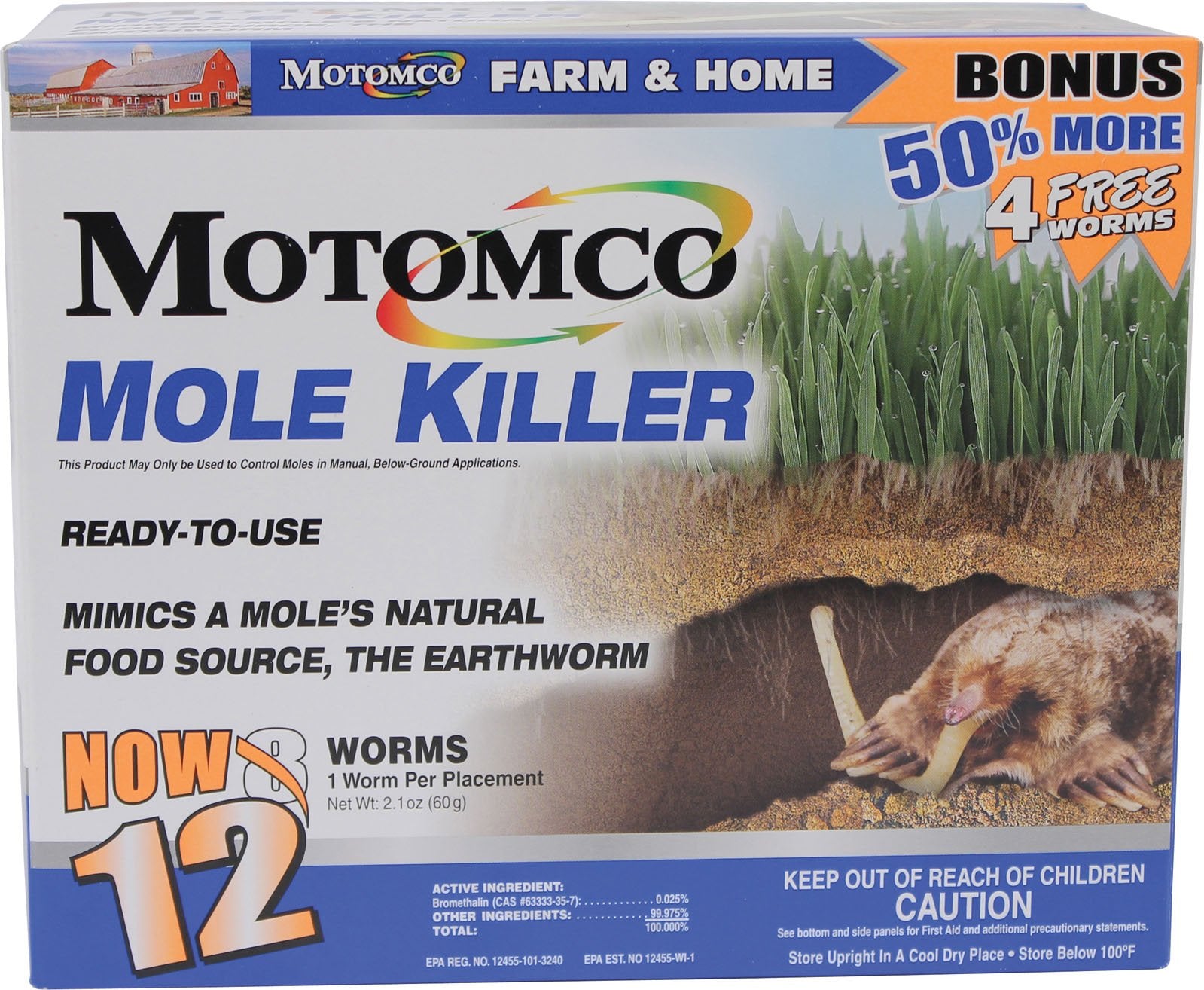 Motomco 12-worm bait in a bonus box for outdoor mole and gopher control