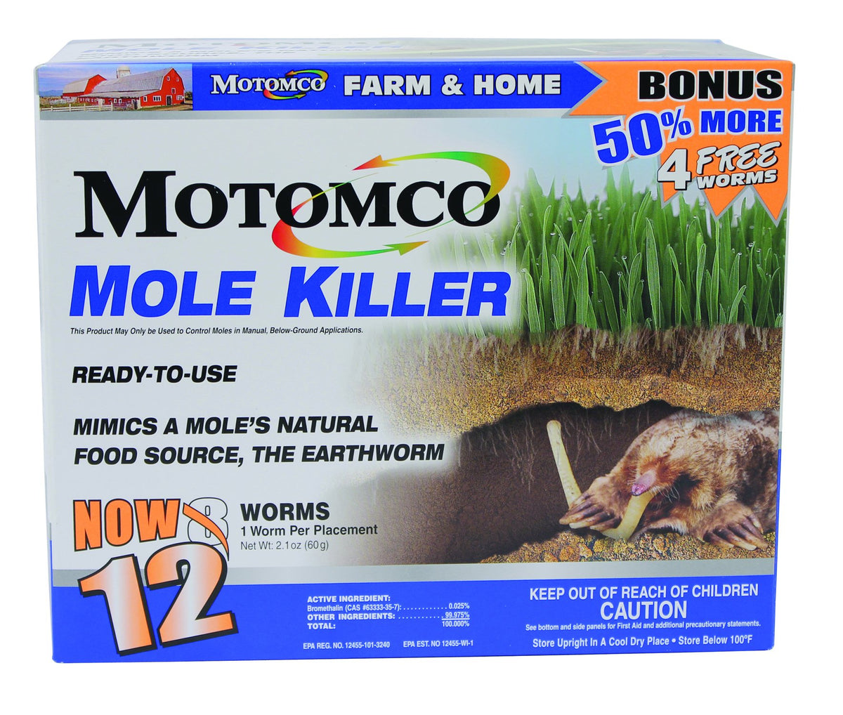 Motomco Mole Killer Ready to Use Bonus Box for quick, effective mole management in the garden.