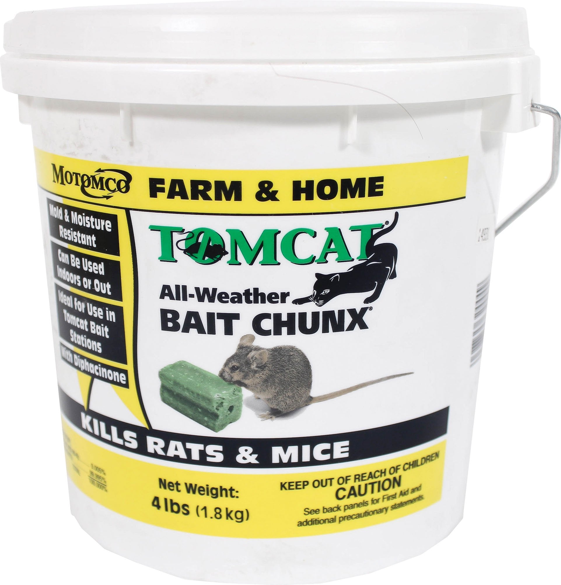 Motomco Tomcat All Weather Bait Chunx 4 lb bag for durable barnyard rodent control