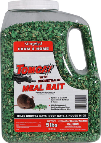 Motomco Tomcat bromethalin meal bait image for indoor pest control and active burrow baiting.
