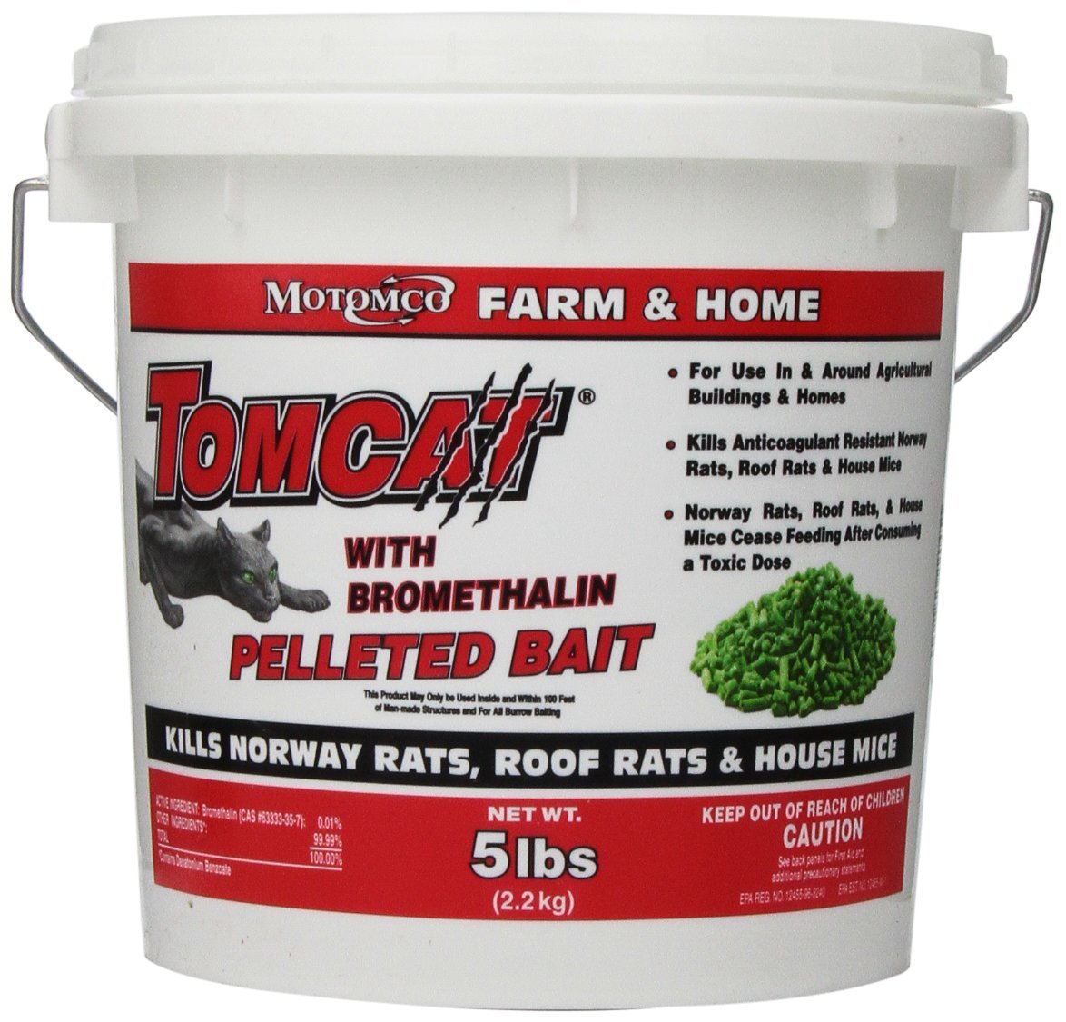 Motomco Tomcat Bromethalin Pellets packaging on farm shelf for quick rodent control.