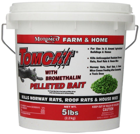 Motomco Tomcat Bromethalin Pellets packaging on farm shelf for quick rodent control.