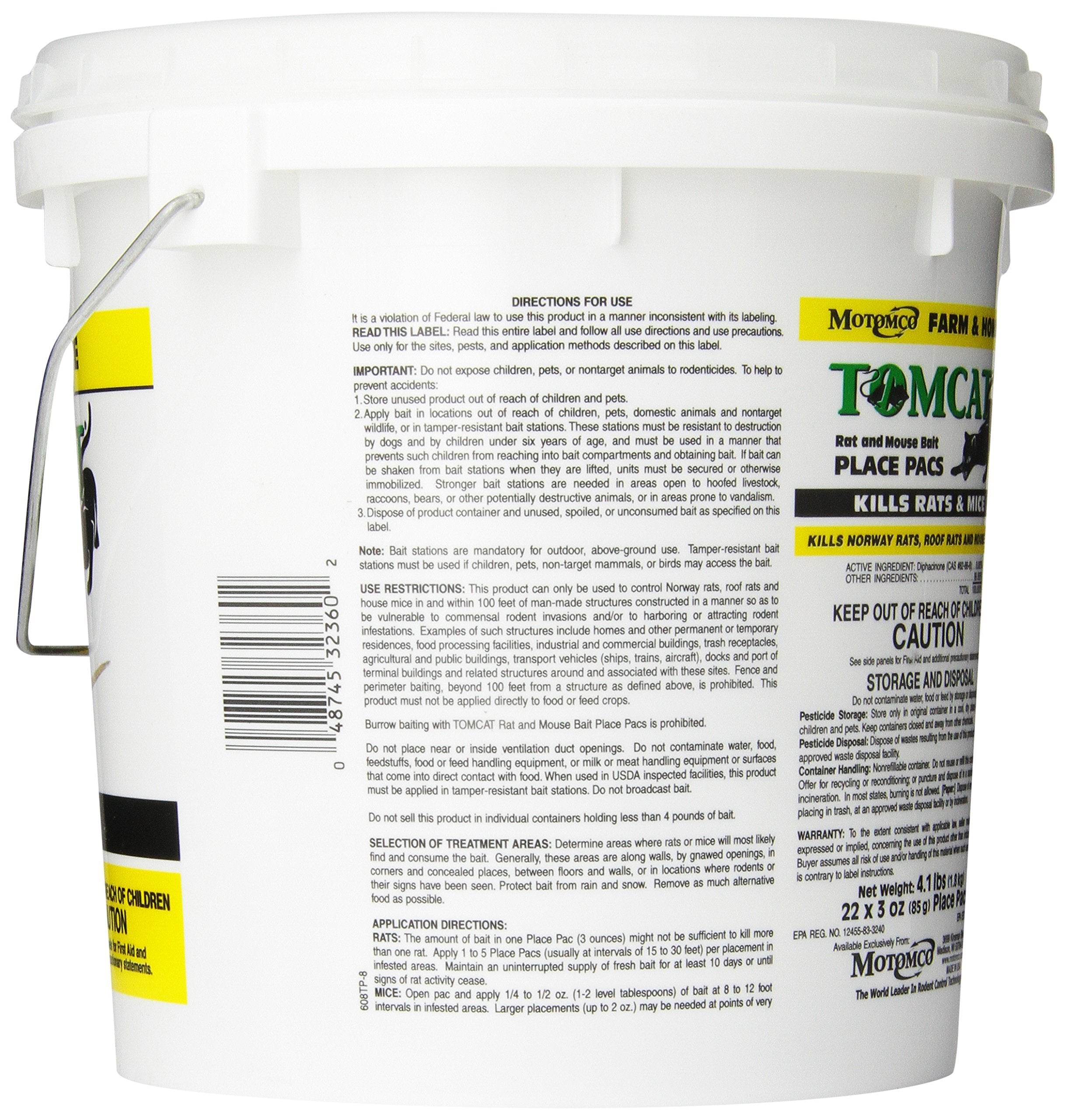 Motomco Tomcat pack-pail back view, sturdy packaging for easy storage and repeated use.