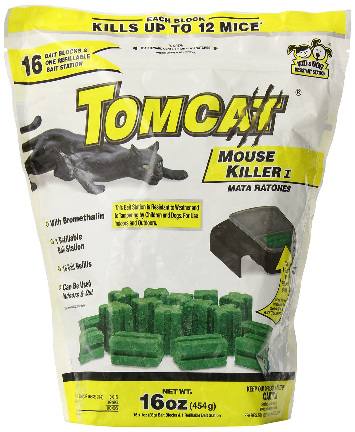 Motomco Tomcat refillable bait station for indoor and outdoor use with dog- and child-resistant design.
