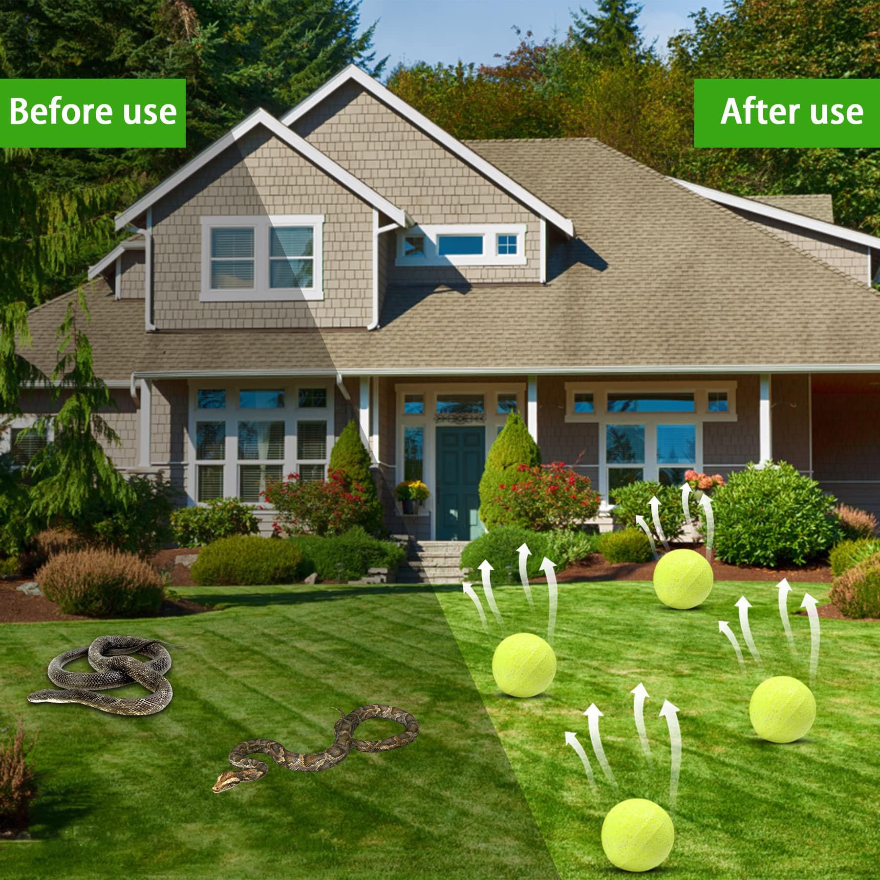 Motrapso snake repellent balls in yard scene for outdoor protection