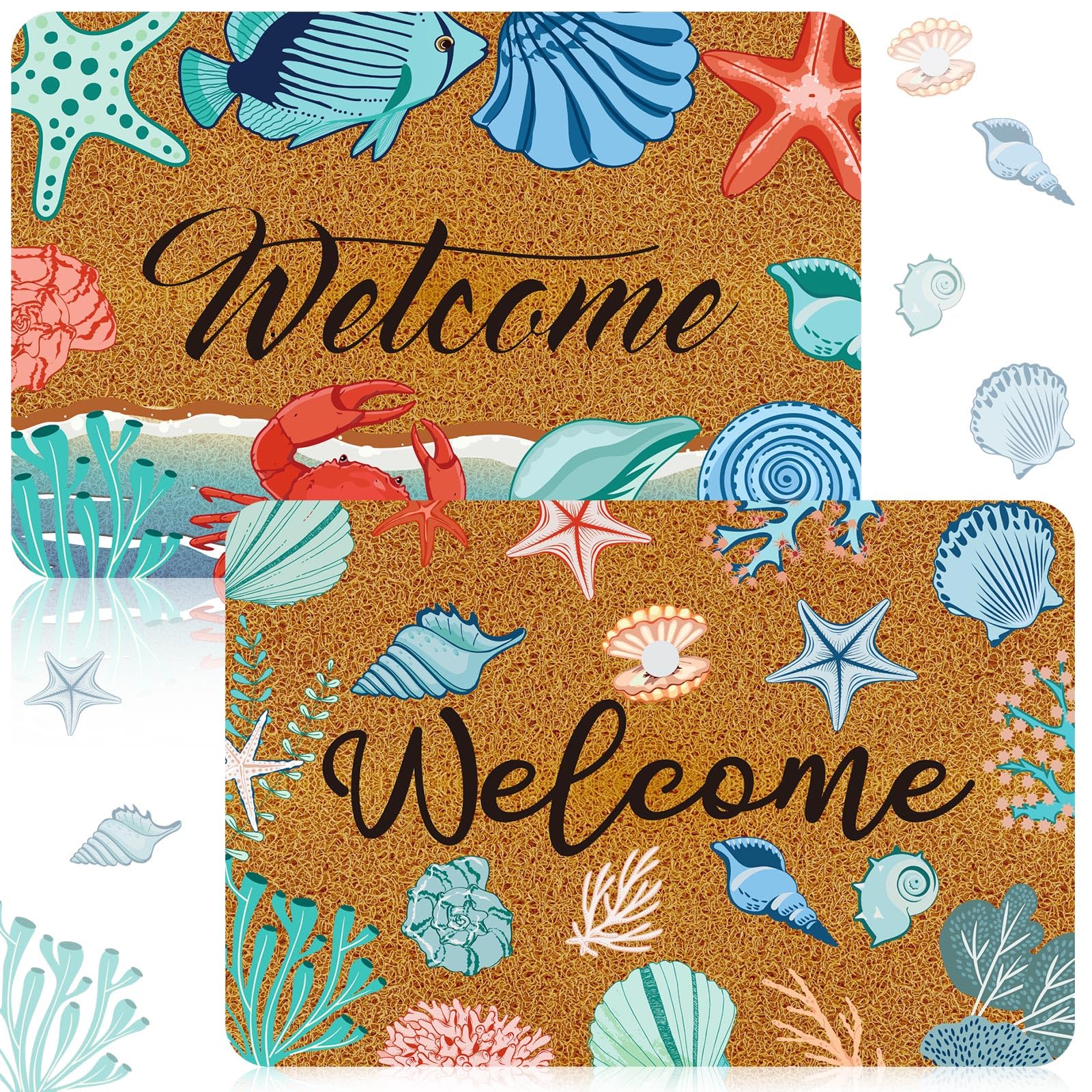 Moucuny coastal coir door mat with marine pattern for durable dirt trapping.