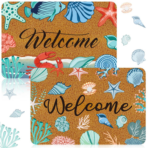 Moucuny coastal coir door mat with marine pattern for durable dirt trapping.