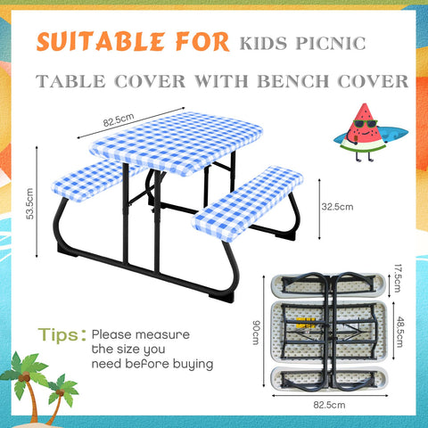 Moukeren bench fitted cover blue and white keeps seating clean during meals.