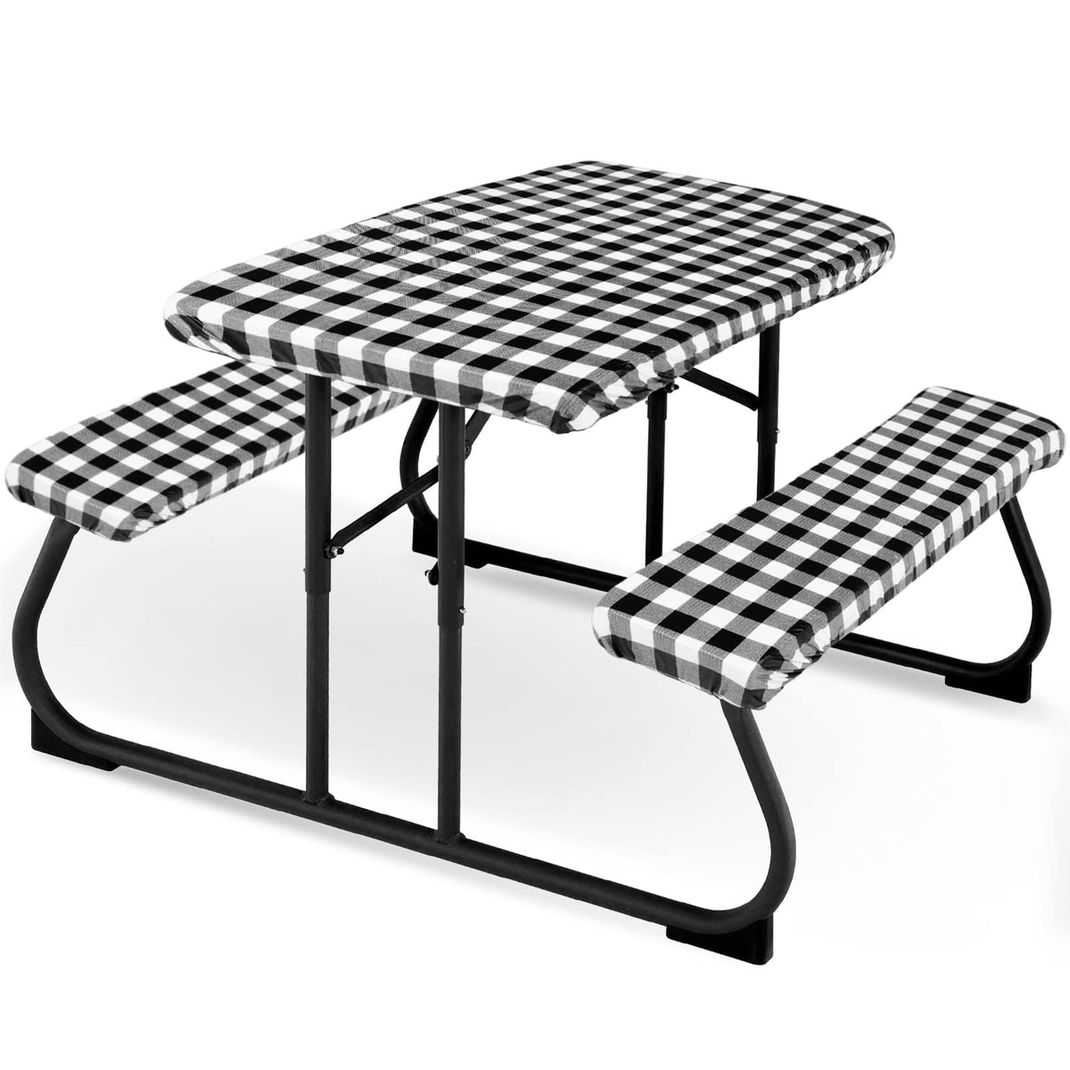 Moukeren picnic table cover in black and white checkered pattern protecting the surface