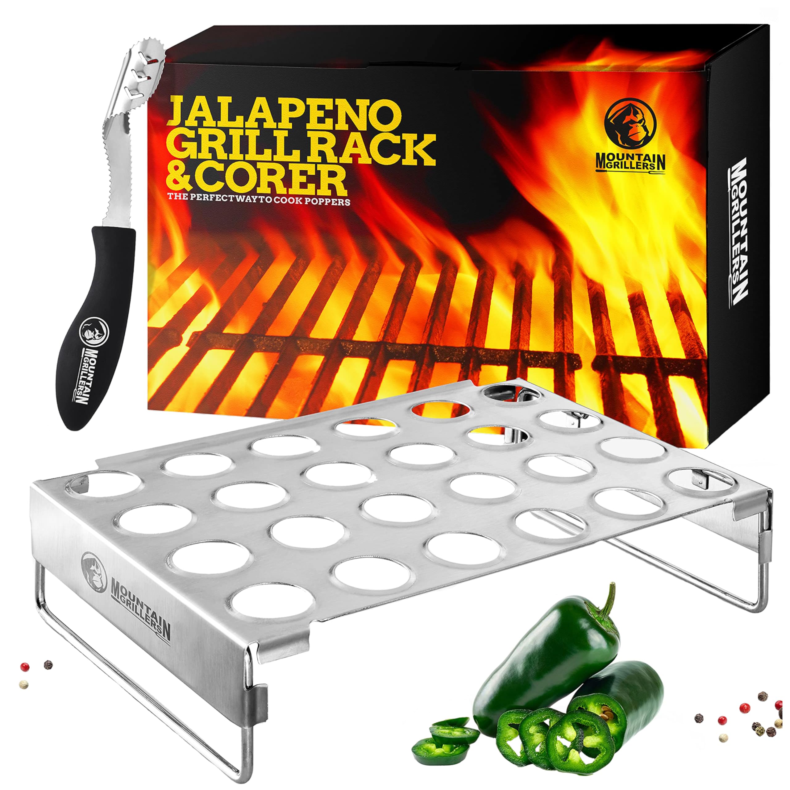 Mountain Grillers Jalapeno Popper Holder 24-hole rack designed for even grilling.