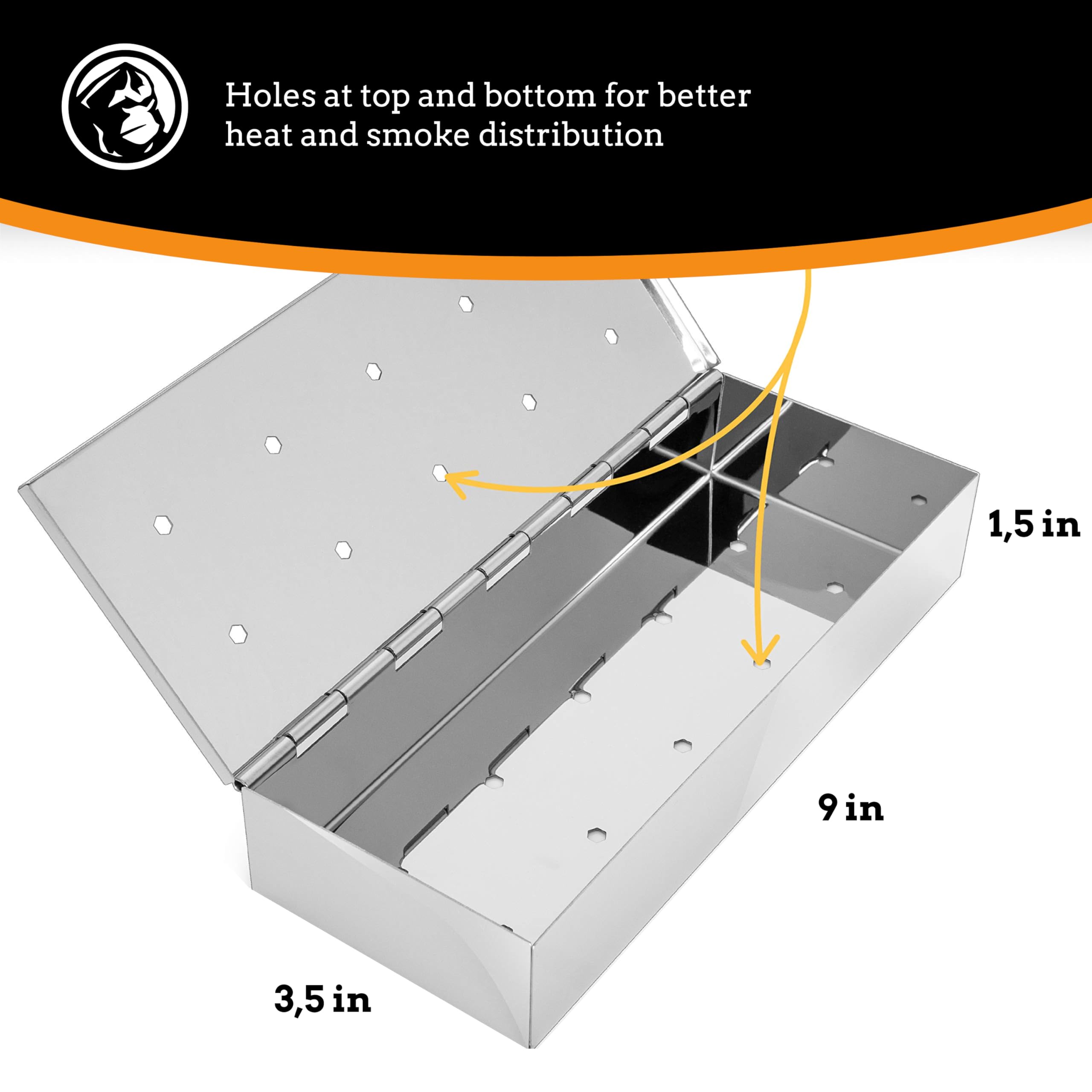 Mountain Grillers stainless steel smoker box closeup highlights durable construction.