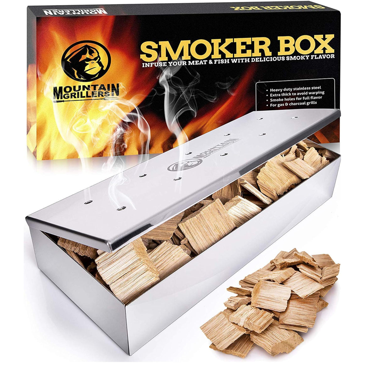 Mountain Grillers smoker box on a grill adds rich smoke flavor.