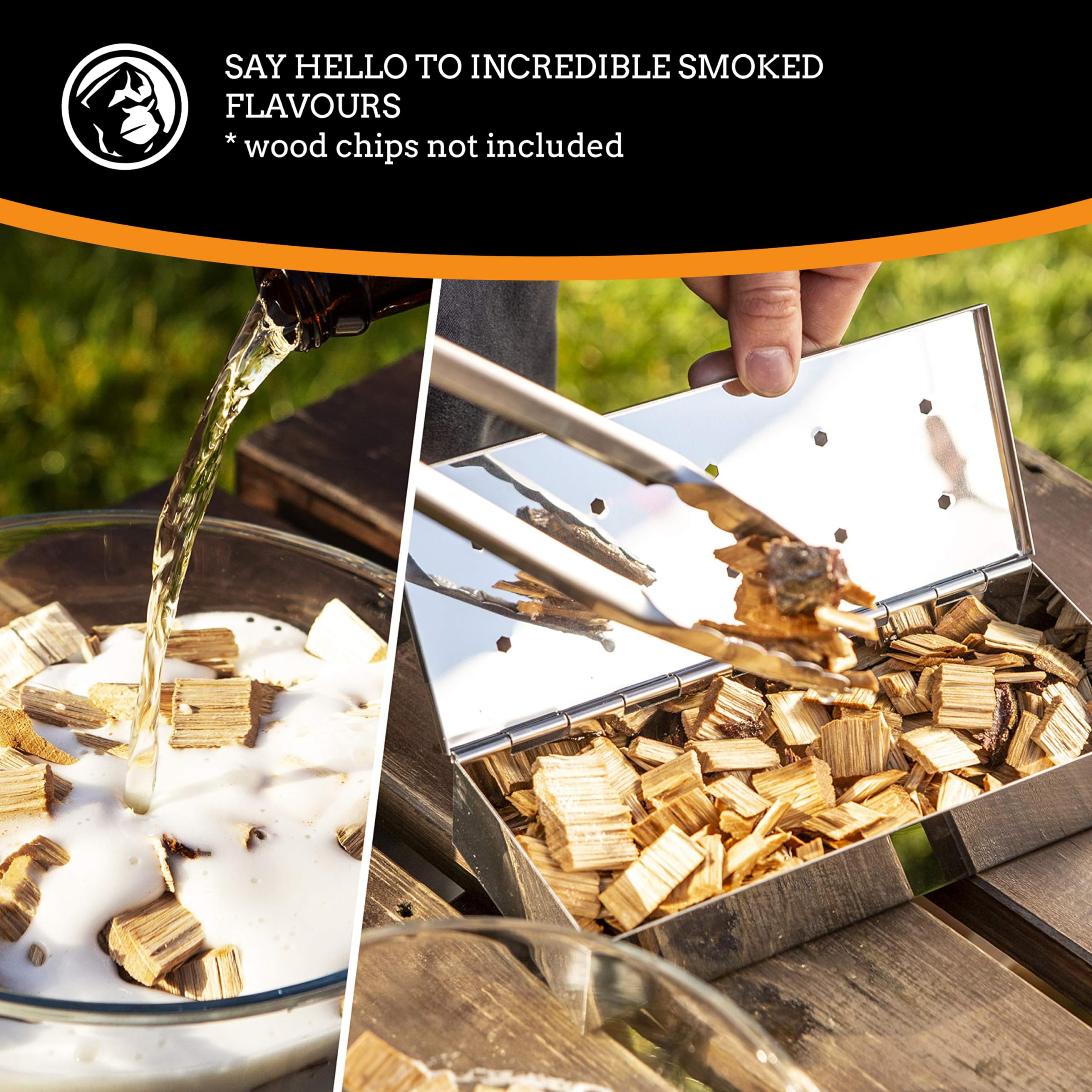 Mountain Grillers smoker box with steaks shows smoky flavor potential.
