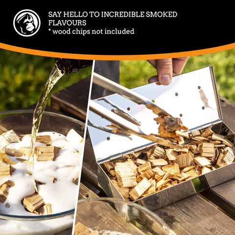 Mountain Grillers smoker box with steaks shows smoky flavor potential.