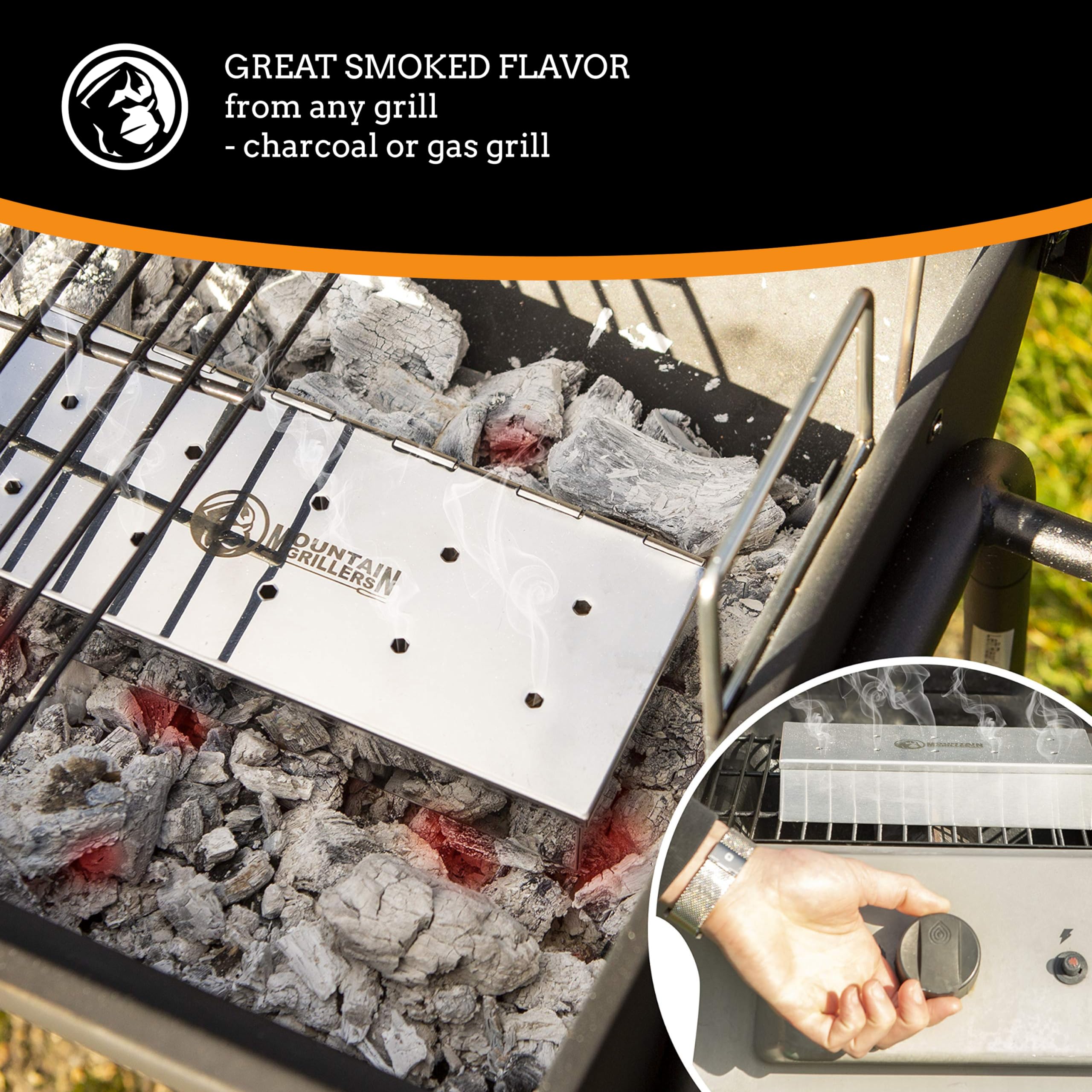 Mountain Grillers wood chips hinge lid enables quick chip changes.