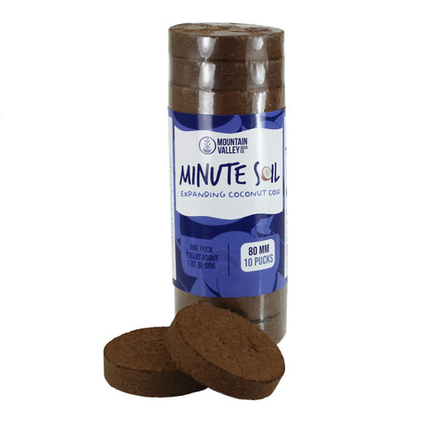 Mountain Valley Minute Soil disc pack ready to rehydrate into potting mix for indoor starts.