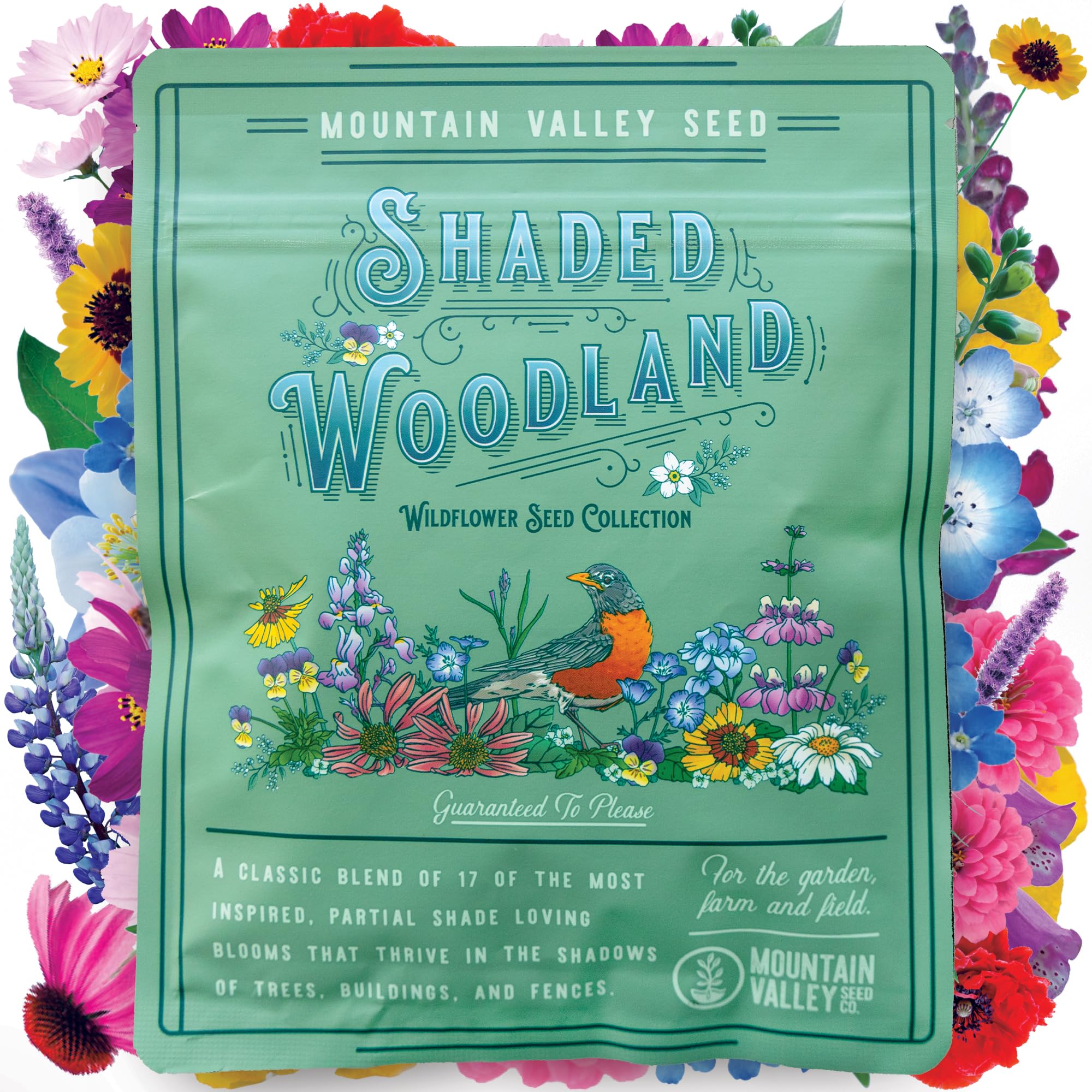 Mountain Valley Seed 19 shade-tolerant wildflowers in resealable pouch for shaded gardens.