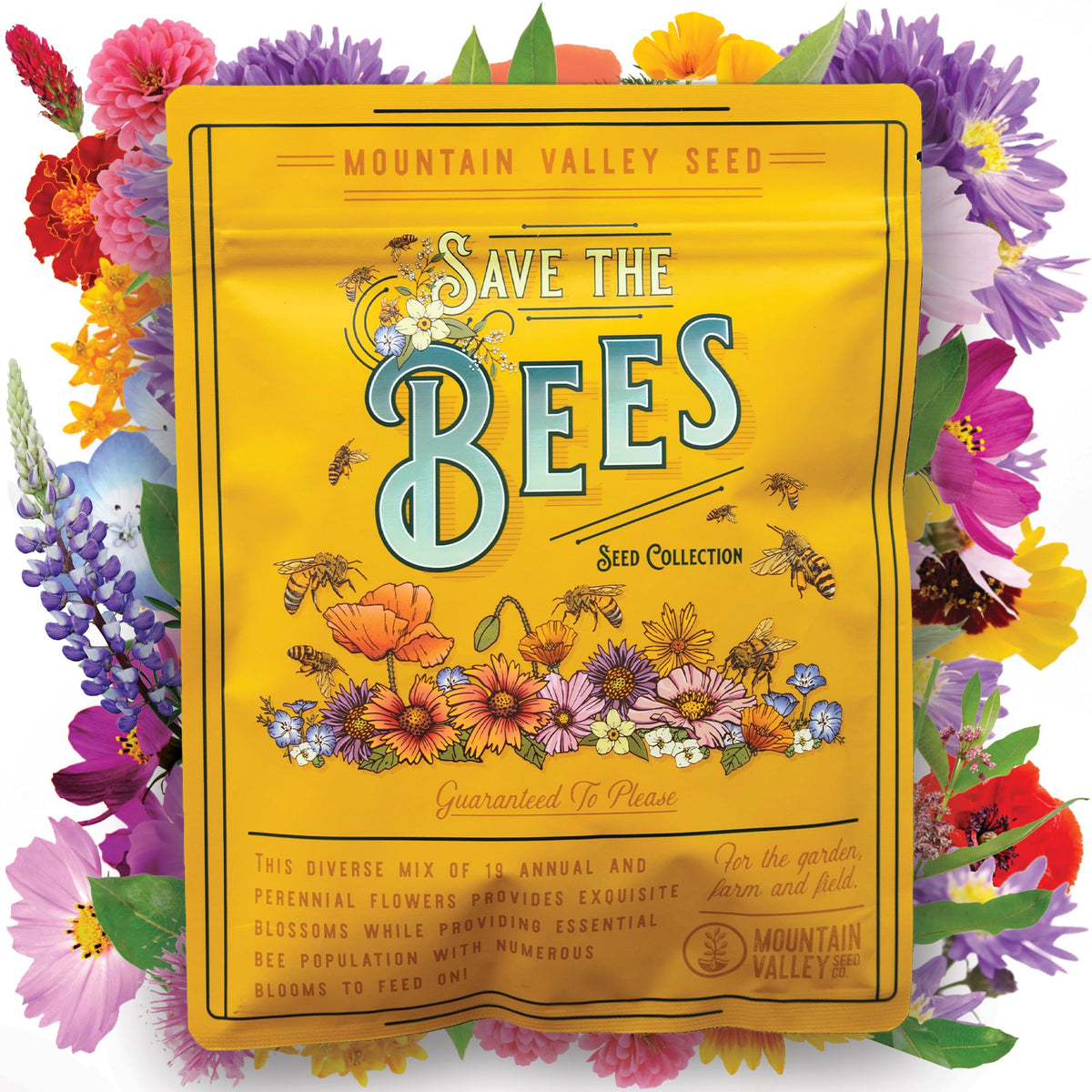 Mountain Valley Seed Company Save the Bees pack: bee-friendly wildflowers for pollinator gardens.