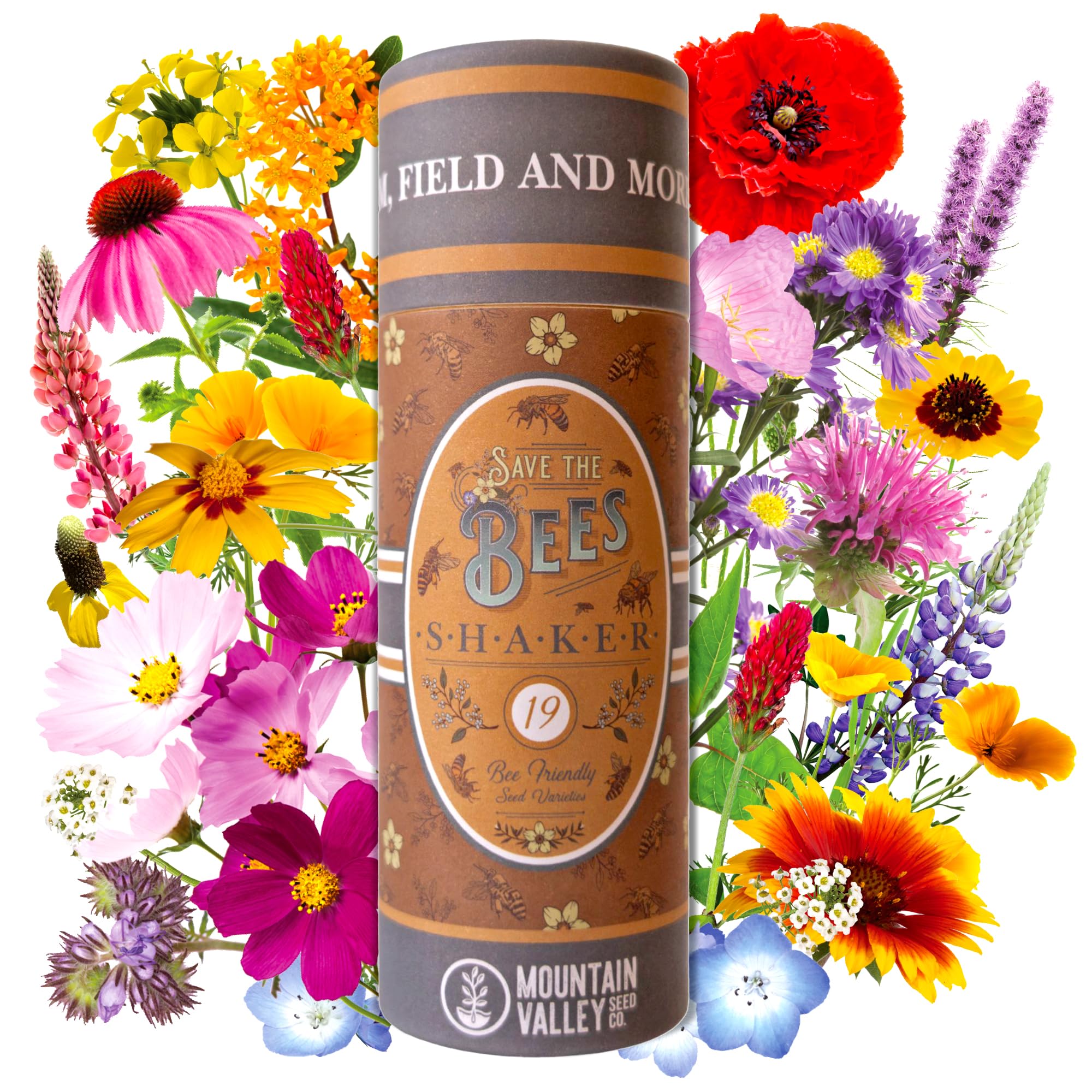 Mountain Valley Seed Co Save the Bees wildflower shaker for pollinator-friendly gardens