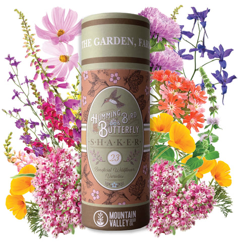 Mountain Valley Seed Co wildflower shaker pack displaying 23 pollinator-friendly varieties.