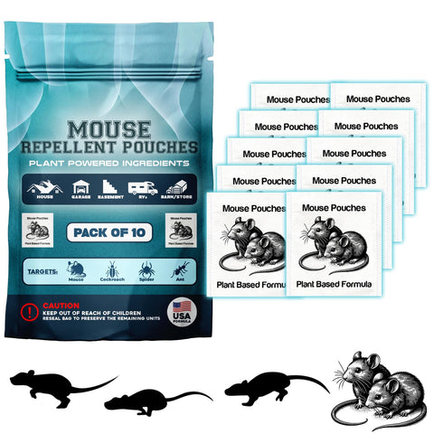 Mouse Repellent Pouches 10-pack packaging, resealable for easy setup and long-lasting deterrence.