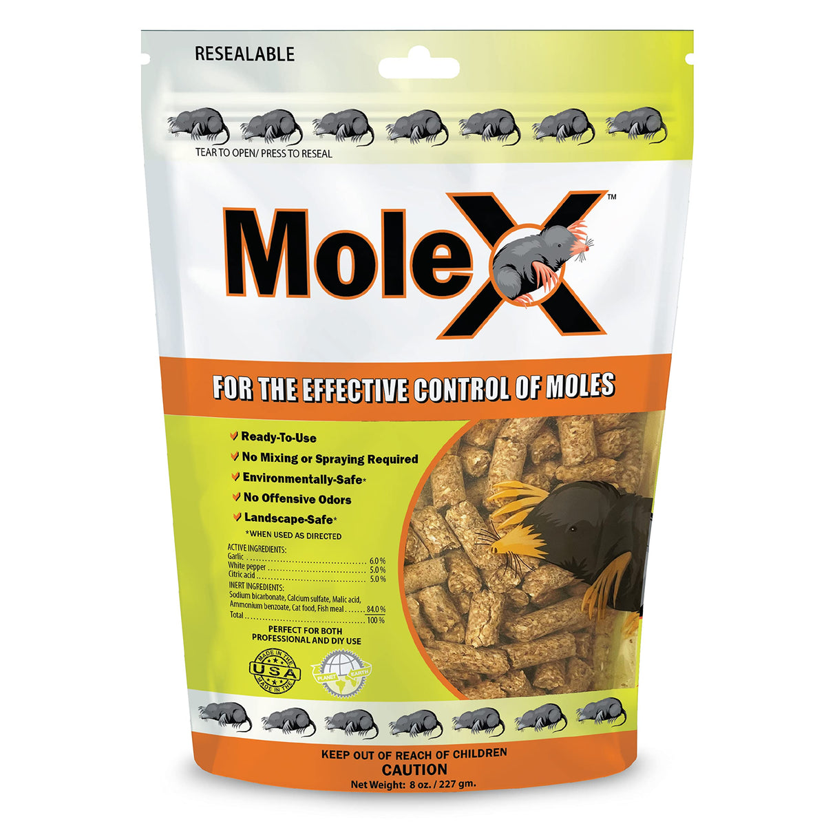 MouseX MoleX bag front view demonstrates ready-to-use, all-natural mole deterrent for yards.