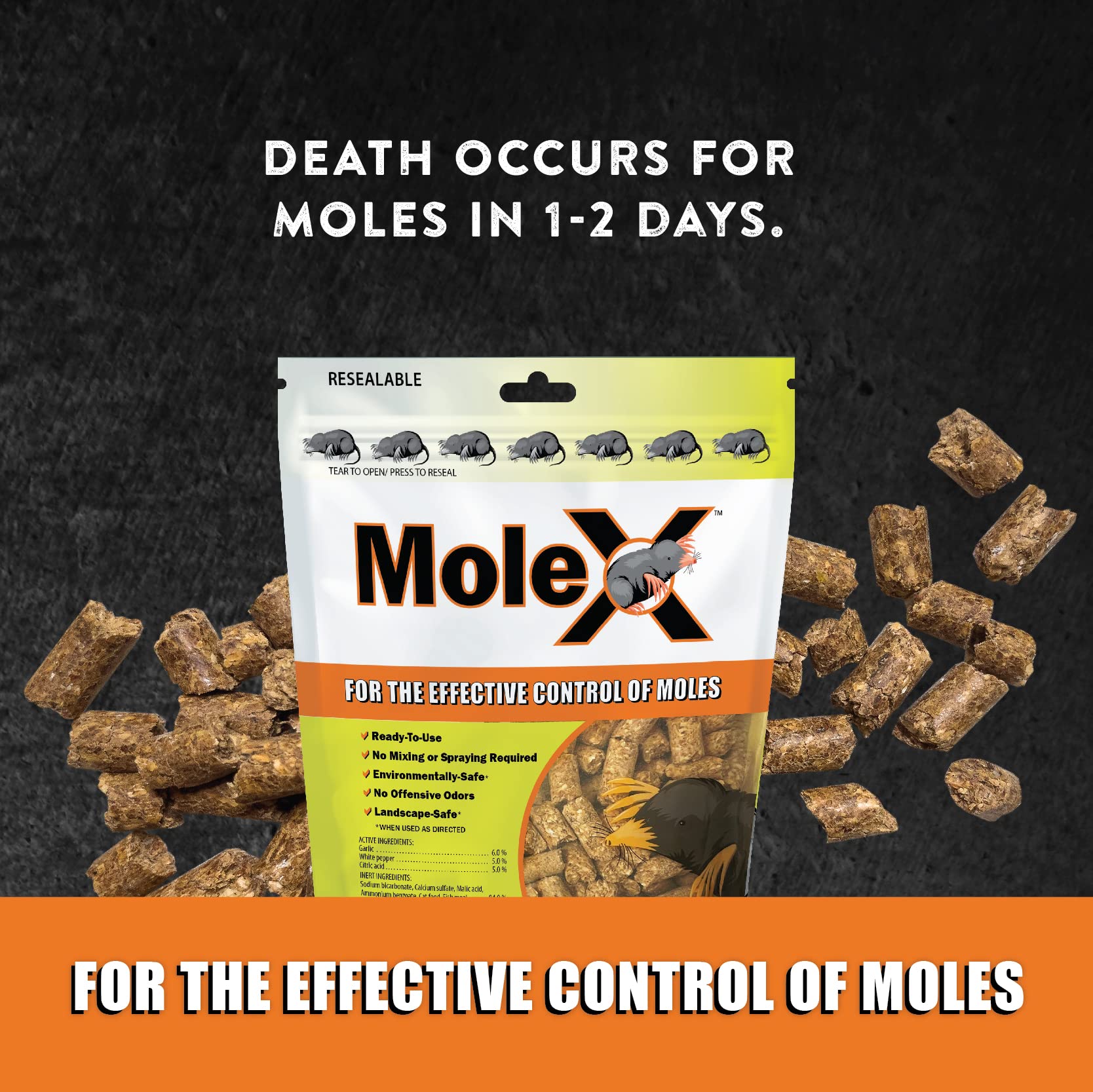 MouseX MoleX label close-up confirms all-natural, non-toxic formulation.