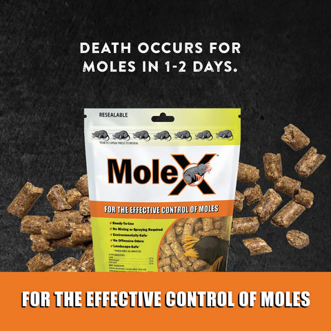 MouseX MoleX label close-up confirms all-natural, non-toxic formulation.