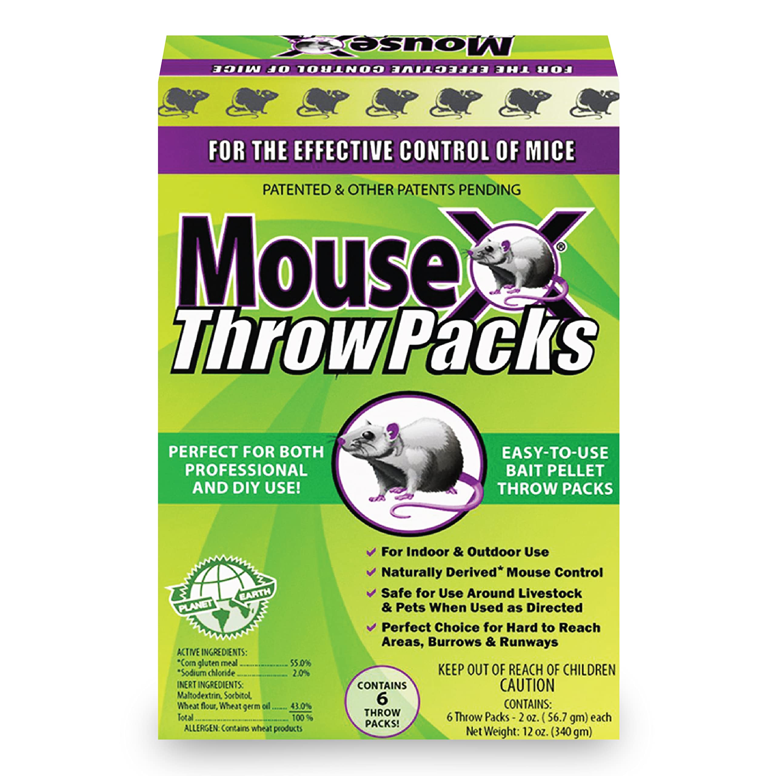 MouseX Throw Packs packaging highlights compact, eco-friendly design for rodent control.