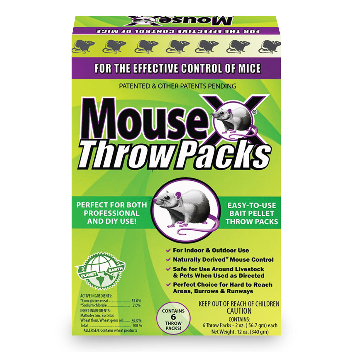 MouseX Throw Packs packaging highlights compact, eco-friendly design for rodent control.
