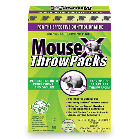MouseX Throw Packs packaging highlights compact, eco-friendly design for rodent control.