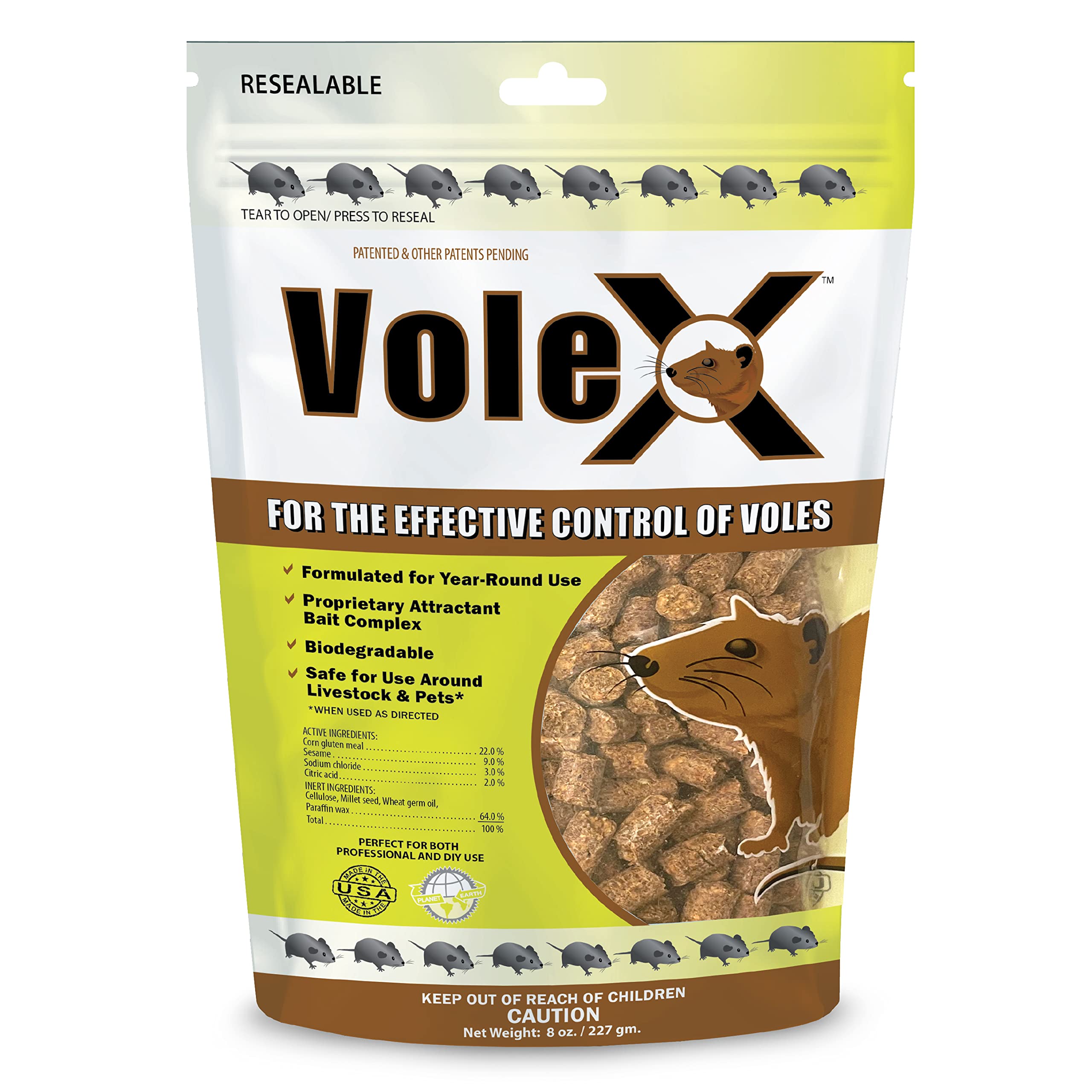 MouseX VoleX pellets on grass for outdoor vole control near your lawn.