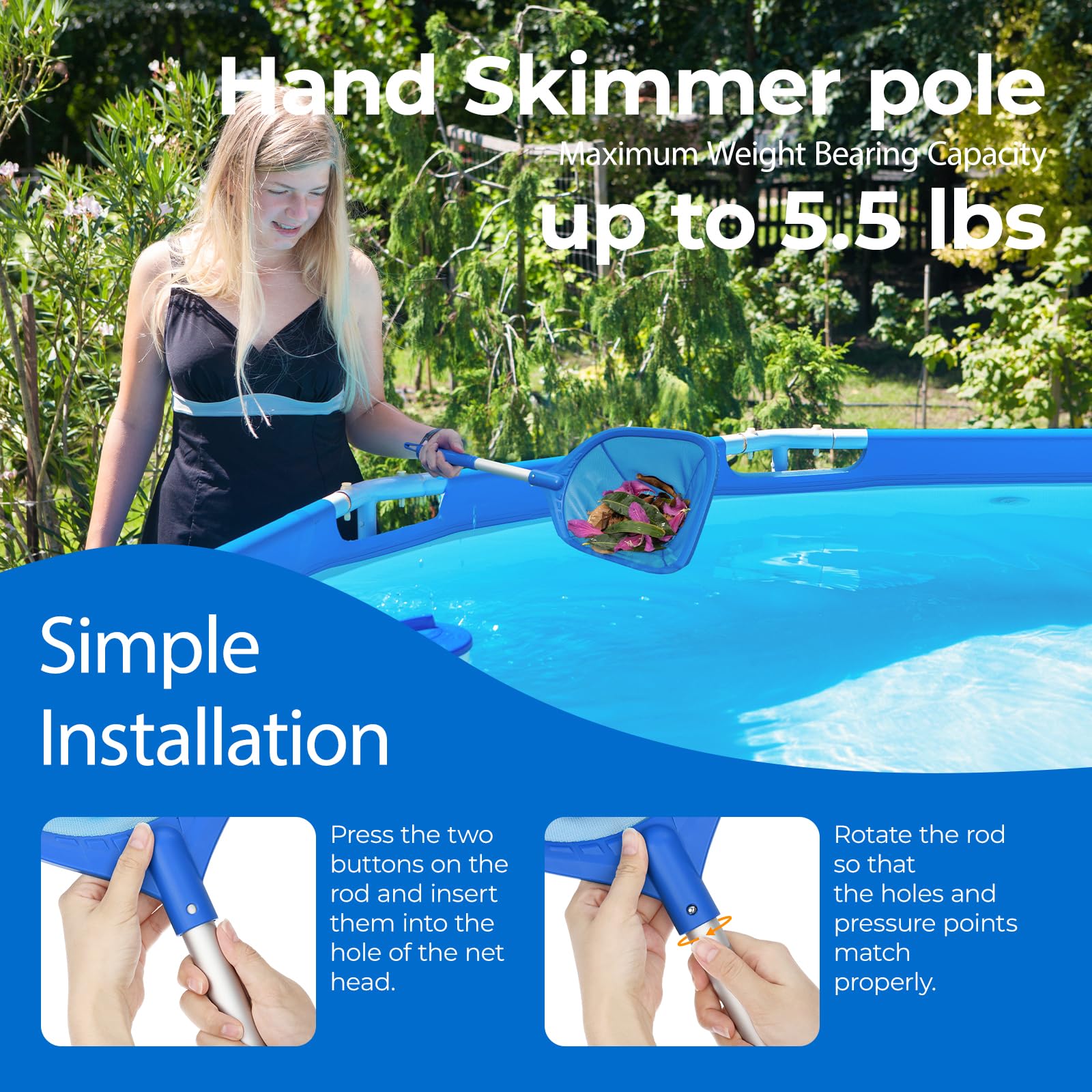 Mowend skimmer net hook design simplifies storage and use.